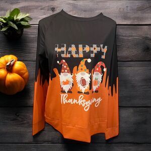 Happy Thanksgiving Gnome Shirt XL Orange Black Fall Graphic Top Long Sleeve NWT